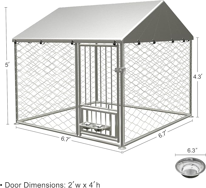 Large Outdoor Dog Kennel, Heavy Duty Galvanized Steel Dog Enclosure with Swivel Feeder, Chicken Coop w/Waterproof UV-Resistant Cover, Lockable Door Chain Link for Backyard (80" L x 80" W x 60" H)