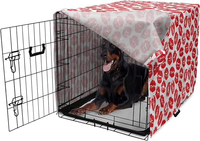 Lunarable Kiss Dog Crate Cover, Rhythmic Make up Red Luscious Lips Lipstick Imprint Illustration, Easy to Use Pet Kennel Cover for Medium Large Dogs, 42 Inch, Dark Pink and White