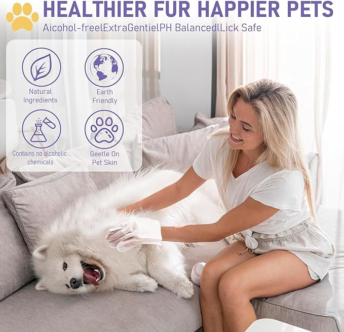 Pet Cleaning Glove Bathing Wipes for Dogs and Cats, Deodorizing No-Rinse Grooming Wipes for Paws, Body, and Butt, Perfect for Pet Dry Cleaning, Daily Care and Travel, Hypoallergenic, Unscented, 8 Pcs