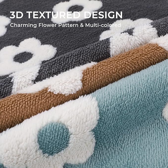 Luciphia Waterproof Dog Cat Blanket Fluffy Thick Fleece Pet Blanket,Washable Double Sided Sherpa Calming Blankets Flower Print Blankets for Medium Large Dogs Cats(Dark Grey,67x57 inches)