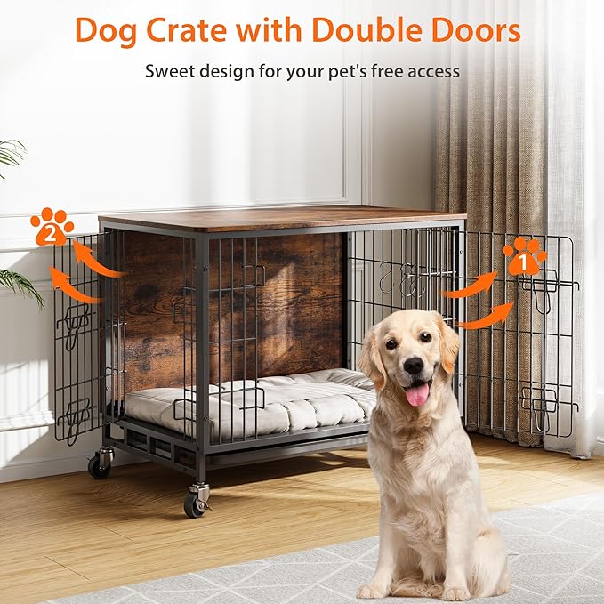 Dog Crate Furniture, 32.5" Modern Double-Door Dog House with Pull-Out Tray, Heavy-Duty Wooden Kennel & Removable Wheels, Side Table for Medium Dog Sizes, Rustic Brown