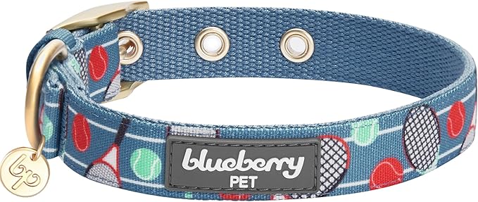 Blueberry Pet 5 Patterns Sports Fan Tennis Canvas Adjustable Dog Collar with Metal Buckle - Teal Blue, Neck 17-20.5", for Large Breed