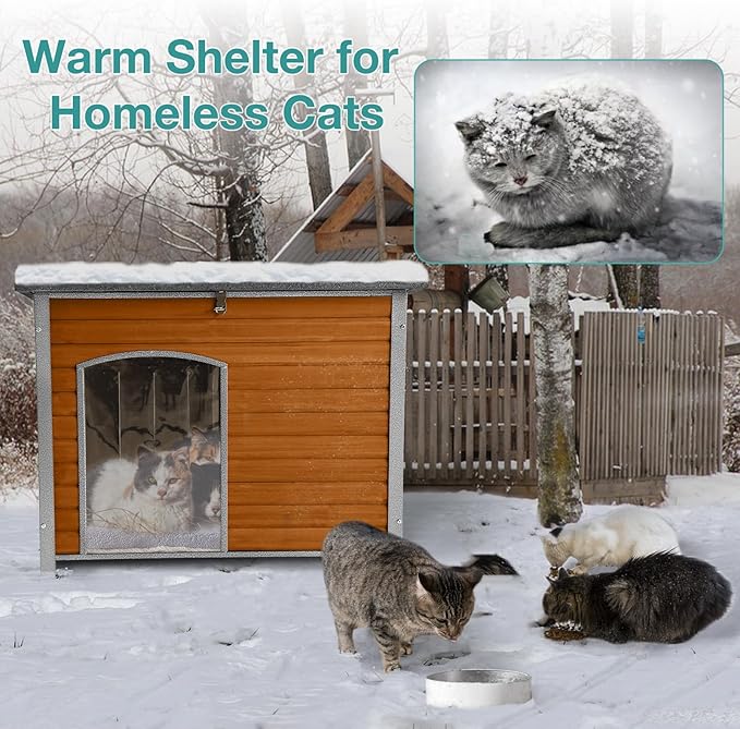 Indoor Outdoor Dog House,Anti-Chewing Iron Frame Dog Kennel,Wood Warm Pets Home,Weatherproof Outside Shelter for Feral Animal 33.5" (L) X 22" (W) X 25.2" (H) Brown