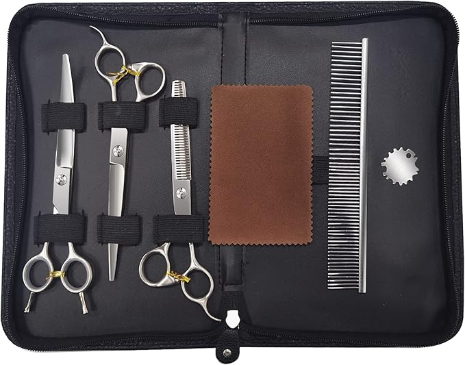 Fenice Peak 3pcs Dog Grooming Scissors Set Straight Thinning Curved Shears Stainless Steel Shears for Pet Grooming Sharp and Durable with Case Suitable for home users and Professional Groomer