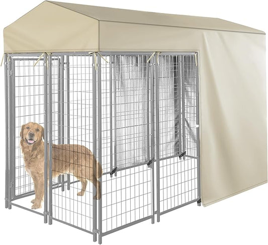 Outdoor Dog Kennel Cover Half Coverage for 8'Dx4'Wx6'H 600D Heavy Duty Waterproof Kennel Covers for Dog Cages(Cover Only) Khaki