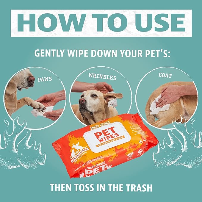 ANGRY ORANGE Pet Wipes for Dogs and Cats - Unscented and Gentle Grooming Wipes for Paws, Fur and Butt - 80 Count - 1 Pack