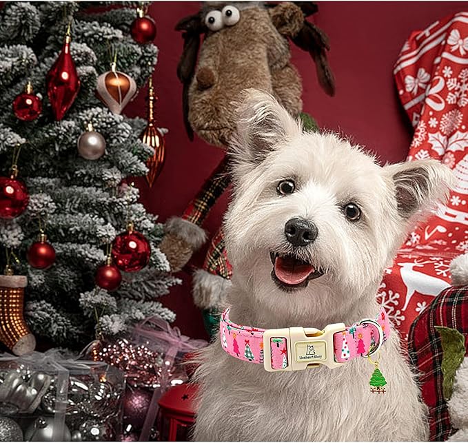 Lionheart glory Christmas Dog Collar, Pink Christmas Tree Dogs Collar Adjustable Soft Comfortable Collars for Small Dogs Girl or Boy Pet Gift Fall Cute Collar