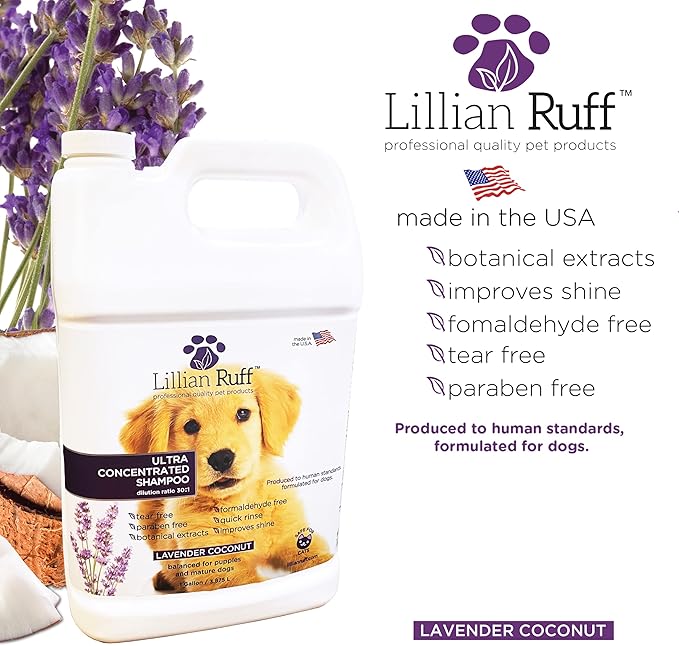 Lillian Ruff High Concentrate Professional Grooming Shampoo for Dogs with Hydrating Essential Oils – 30:1 Concentration for Bathing System - Clean, Condition, & Deodorize Dry Sensitive Skin (Gallon)