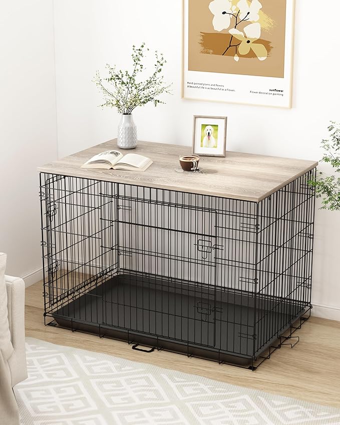 Piskyet Dog Crate Topper Wood Countertop for 48 42 36 30 24 inch Dog Cage, Dog Crate Cover,Dog Kennel Topper, 36" Grey(Crate Not Include)