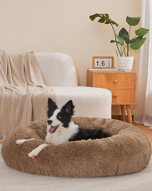 OhGeni Calming Donut Dog Bed Pillow, Machine Washable Plush Waterproof Zipper Cover, Anti-Slip Round Comfort Pet Bed, Pillow Design Cozy Warming Fluffy Fur Bed for Medium Large Dogs, Ocher, 36 inches