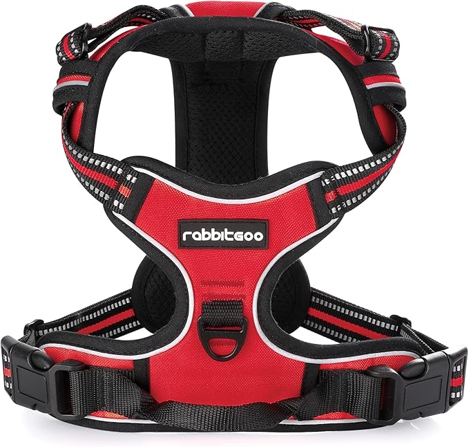 rabbitgoo Dog Harness, No-Pull Pet Harness with 2 Leash Clips, Adjustable Soft Padded Dog Vest, Reflective No-Choke Pet Oxford Vest with Easy Control Handle for Large Dogs, Red, XL