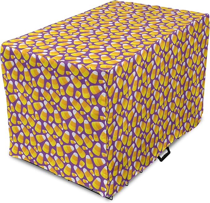Lunarable Candy Corn Dog Crate Cover, Halloween Themed Pattern of Irregular Tasty Junk Food for Comfort, Easy to Use Pet Kennel Cover for Cats & Medium Dogs, 24 Inch, Violet Earth Yellow