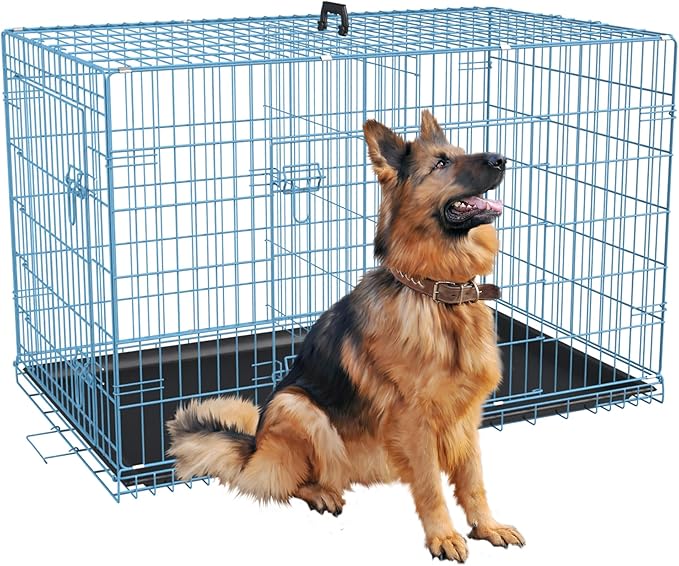 FDW Extra Large Dog Crate Dog Kennel Cage with Double Door,48 inch Folding Metal Wire Dog Cage with Removable Tray&Divider Panel,Pet Crate for Large Dogs,Blue