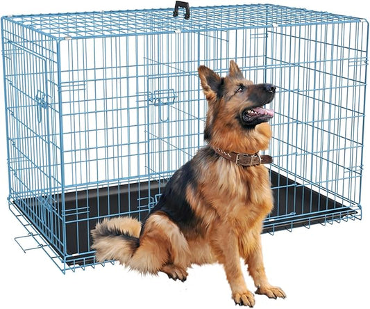 FDW Extra Large Dog Crate Dog Kennel Cage with Double Door,48 inch Folding Metal Wire Dog Cage with Removable Tray&Divider Panel,Pet Crate for Large Dogs,Blue