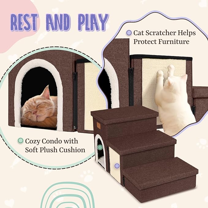 downluxe Dog Stairs for Small Dogs, Foldable Dog Steps for Bed, Sofa and Chair, Non-Slip Pet Steps with Cat Scratcher and Condo (3-Step Pet Stairs, Brown)