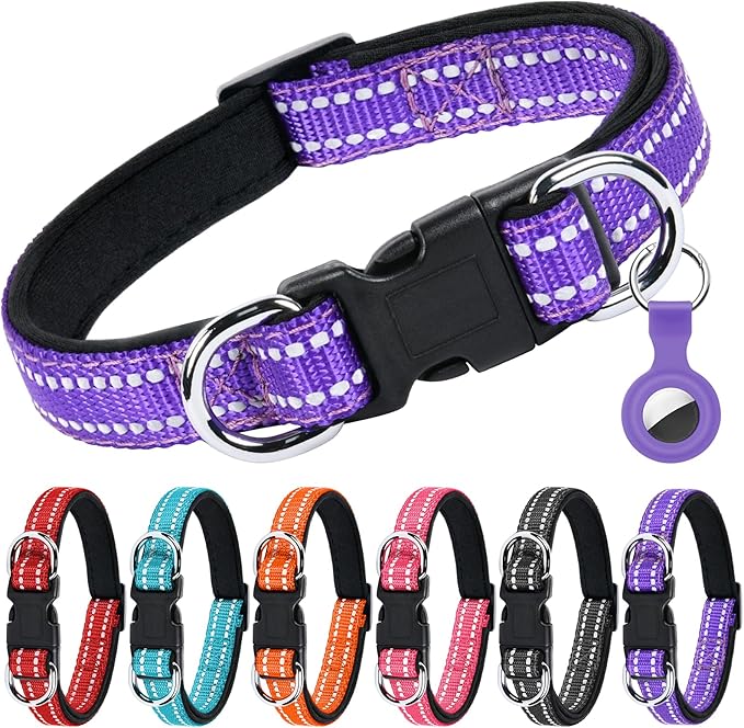 AUAUY Reflective Nylon Dog Collars, Adjustable Classic Pet Collars with Soft Neoprene Padding, Double Security Dual D-Ring and Quick Release Buckle for Small Puppy, Medium and Large Dogs (Purple-M)
