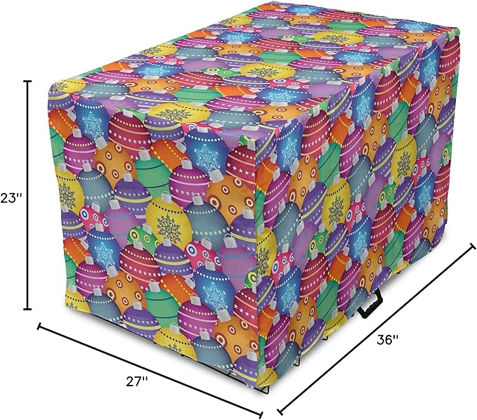 Ambesonne Christmas Dog Crate Cover, Colorful Christmas Balls Different Retro Patterns Holiday Celebration Theme Print, Easy to Use Pet Kennel Cover for Medium Large Dogs, 36 Inch, Purple Multicolor