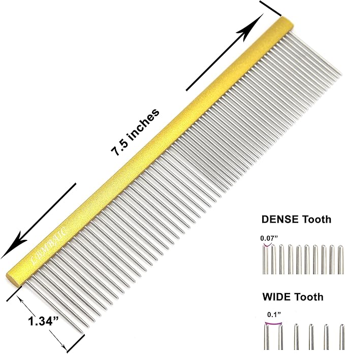 Professional Dog Grooming Comb for Shedding, Tangles, Knots, and Mats - Metal Gold Dog Comb with Long and Wide Tooth for Long Hair Dogs and Cats - No Hurt Pets Skin - 7.5INCHES - 1PC