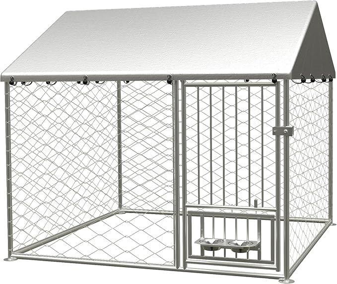 Large Outdoor Dog Kennel, Heavy Duty Galvanized Steel Dog Enclosure with Swivel Feeder, Chicken Coop w/Waterproof UV-Resistant Cover, Lockable Door Chain Link for Backyard (80" L x 80" W x 60" H)