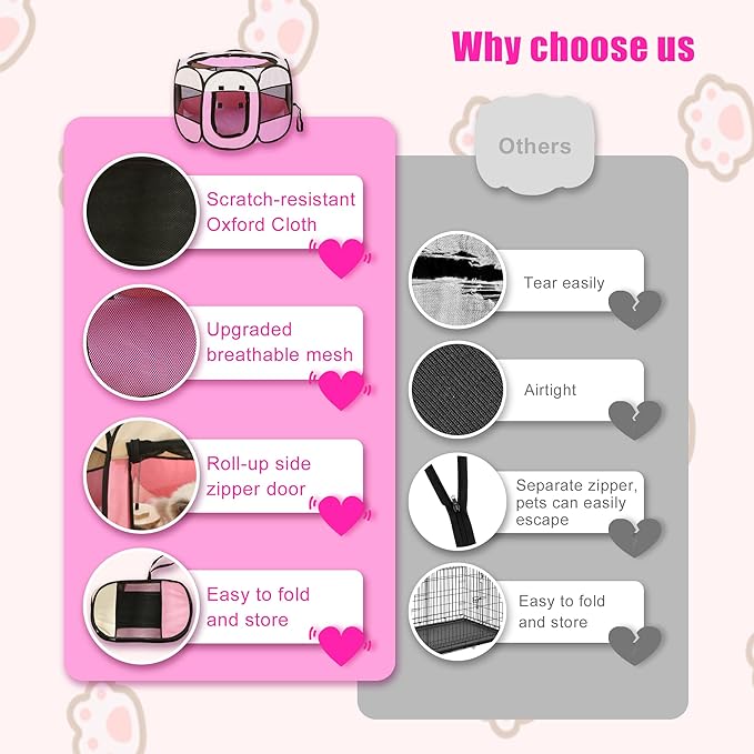 Portable Dog Playpen, Pet Play Pen for Indoor Outdoor Cat, Adult Kitten/Puppy Exercise Playpen Tent Birthing Box, Waterproof Travel Dog Camping Cage for Medium Large Dog Animal House (Pink)