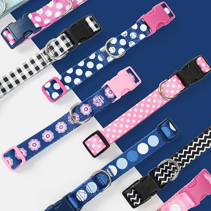 Mile High Life Dog Collar | Cute Puppy Collars | Lightweight Girl Dog Collar | Soft Boy Dog Collars | w Geometric Plaid Wave Line Pattern (White Plaid, Small)