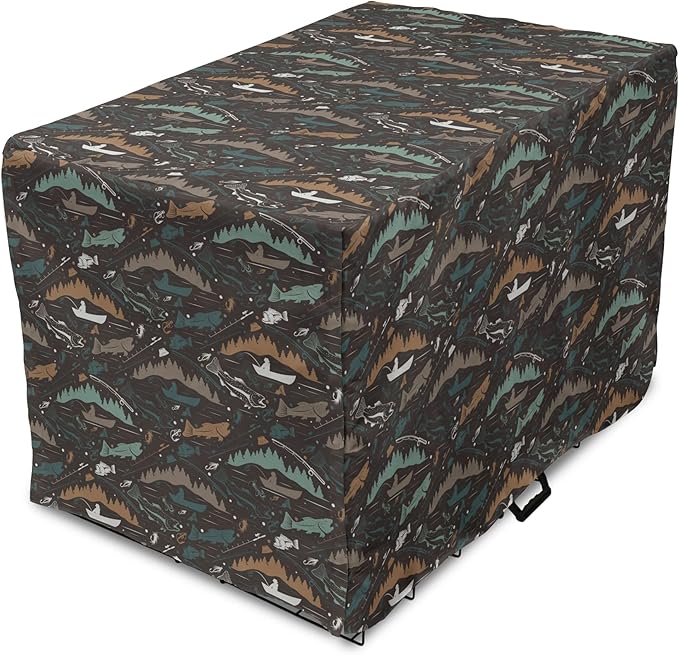 Ambesonne Fishing Theme Dog Crate Cover, Pattern of Nautical Elements with Fish Fisherman Lures Trees Rods, Easy to Use Pet Kennel Cover for Medium Large Dogs, 48 Inch, Dark Taupe Multicolor