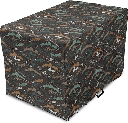 Ambesonne Fishing Theme Dog Crate Cover, Pattern of Nautical Elements with Fish Fisherman Lures Trees Rods, Easy to Use Pet Kennel Cover for Medium Large Dogs, 48 Inch, Dark Taupe Multicolor