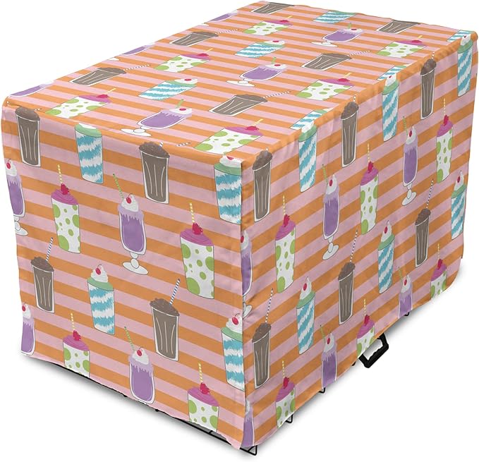 Lunarable Drinks Dog Crate Cover, Colorful Ice Cream Milkshake Creamy on a Striped Background, Easy to Use Pet Kennel Cover for Small Dogs Puppies Kittens, 22 Inch, Salmon Pale Pink