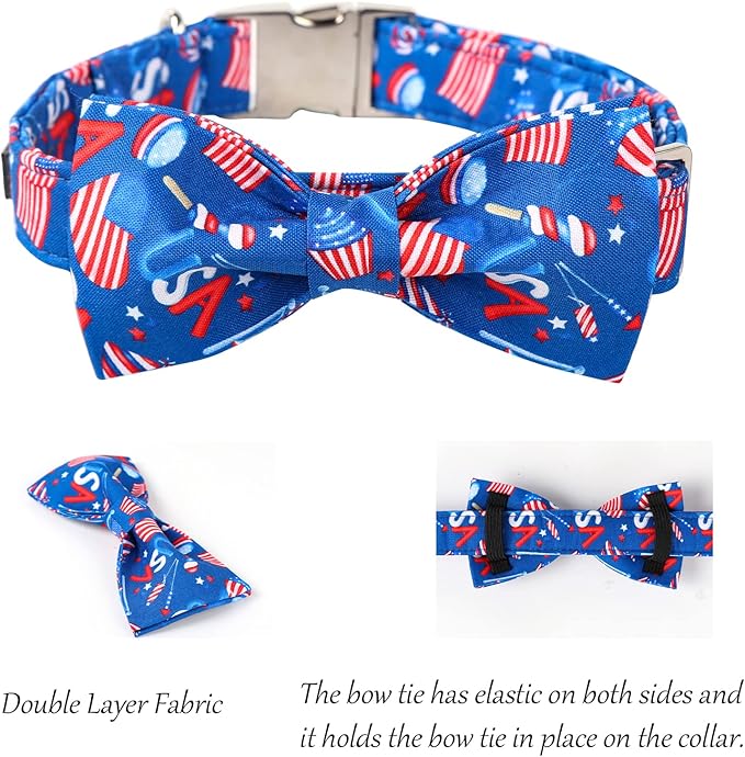 Lionet Paws Patriotic Dog Collar with Bowtie, 4th of July, Soft and Comfortable Adjustable American Flag Bowtie Collar for Dogs Male Female Gift, Medium, Neck 13.5-22 inches
