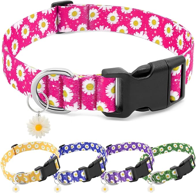 BiPawTi Floral Dog Collars for Large Dog - Soft Cute Dog Collars for Girls Dog Pretty Flower Collar with Daisies Charms, Gift for Female Male Boys Girls Dogs (L, Pink)