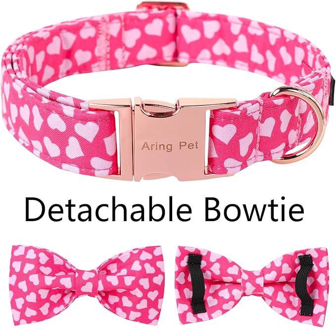 ARING PET Valentine's Day Dog Collar-Cotton Pink Heart Dog Collar with Bow, Adjustable Valentine Bowtie Dog Collars Pet Necklace with Metal Buckle for Girl&Boy Dogs