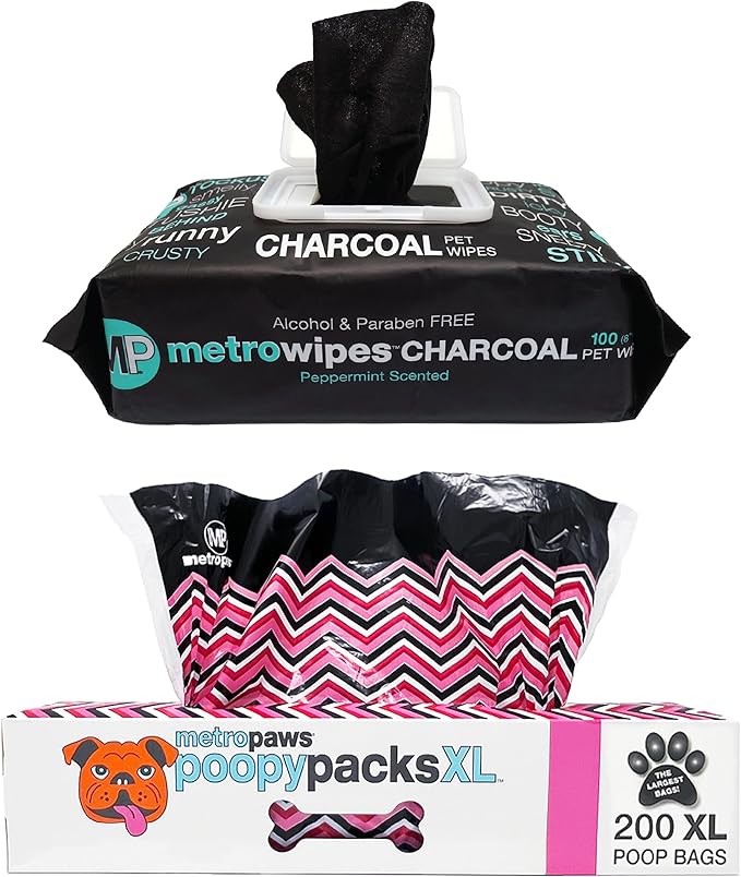 MetroPaws Peppermint Dog Wipes, 100 Extra Large, Thick Cleaning Wipes & Waste Packs XL - 200 Extra Large Dog Bags, Leakproof, Durable Pet Waste Bags for Easy Cleanup [PINK]