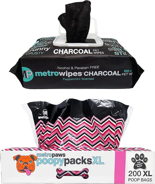 MetroPaws Peppermint Dog Wipes, 100 Extra Large, Thick Cleaning Wipes & Waste Packs XL - 200 Extra Large Dog Bags, Leakproof, Durable Pet Waste Bags for Easy Cleanup [PINK]