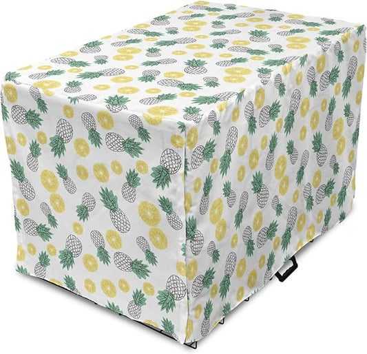 Lunarable Pineapple Dog Crate Cover, Doodle Style Whole and Sliced Pieces, Easy to Use Pet Kennel Cover for Cats & Medium Dogs, 30 Inch, White Yellow Jade Green