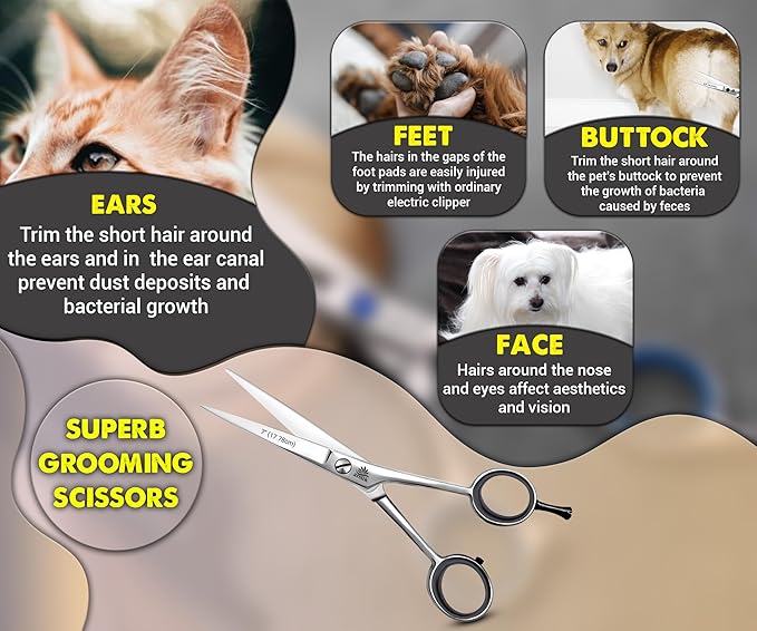 ARSUK Dog Grooming Scissors 7-Inch – Professional Pet Hair Cutting Shears for Dogs, Cats & Horses – Straight Stainless Steel Trimming Scissors with Rubber Grip & Finger Rest