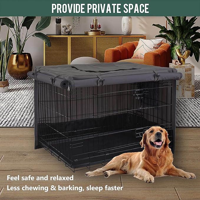 Rachmi Privacy Dog Crate Cover 36 Inch, Durable 600D Canvas Water Resistant Windproof Pet Kennel Cover for Universal Wire Crate with Double Doors, (37”Lx24”Wx25”H, Gray/Black)