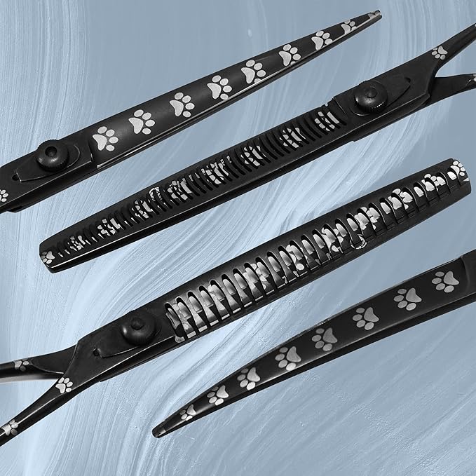 Professional Dog Grooming Scissors Set of Straight, Curved, Thinner/Blender and Chunker Shears with Paw Prints for Dogs, Cats & Pets (Right Handed, Black, Stainless Steel 8 Inch)