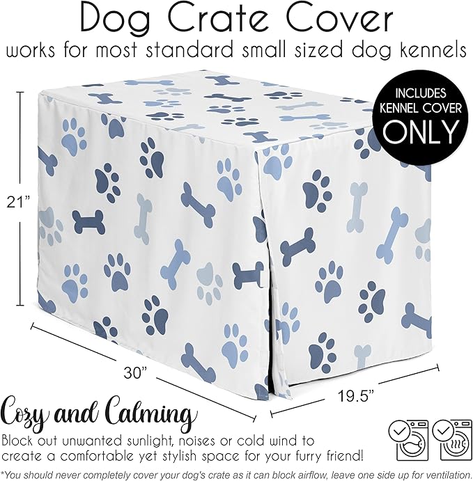 Sweet Jojo Designs 30in. Small/Medium Dog Crate Cover (Bones and Paw Prints) for Boys Pet Cage, Kennel Covers (Modern, Cartoon, Doggy, Puppy, Neutral, Paws Print, Whimsical, Playful, Slate Navy Blue)