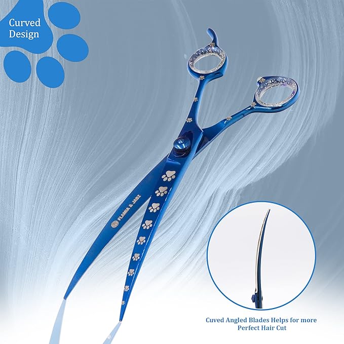 Professional Dog Grooming Scissors/Shears, Curved, with Paw Prints for Dogs, Cats & Pets (Right Handed, Blue, Stainless Steel 8 Inch)