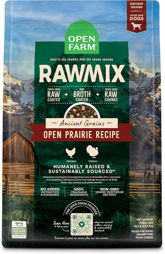 Open Farm RawMix Ancient Grains Prairie Recipe for Dogs, Includes Kibble, Bone Broth, and Freeze Dried Raw, Inspired by The Wild, Humanely Raised Protein and Non-GMO Fruits and Veggies, 20 lb