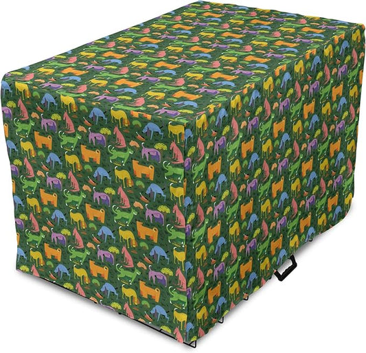 Ambesonne Dog Dog Crate Cover, Illustration of Various Colorful Animals Assorted Cartoon Style Pets, Easy to Use Pet Kennel Cover for Small Dogs Puppies Kittens, 18 Inch, Hunter Green Multicolor