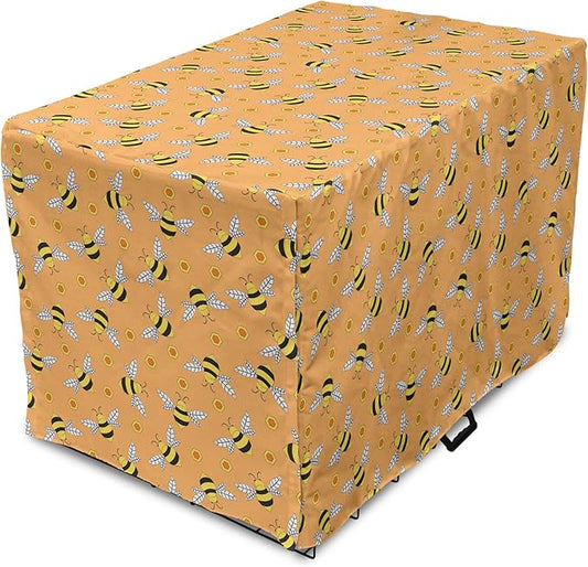 Ambesonne Honey Bee Dog Crate Cover, Cartoon Style Flies and Hexagonal Shapes Scattered, Easy to Use Pet Kennel Cover for Medium Large Dogs, 42 Inch, Orange Mustard