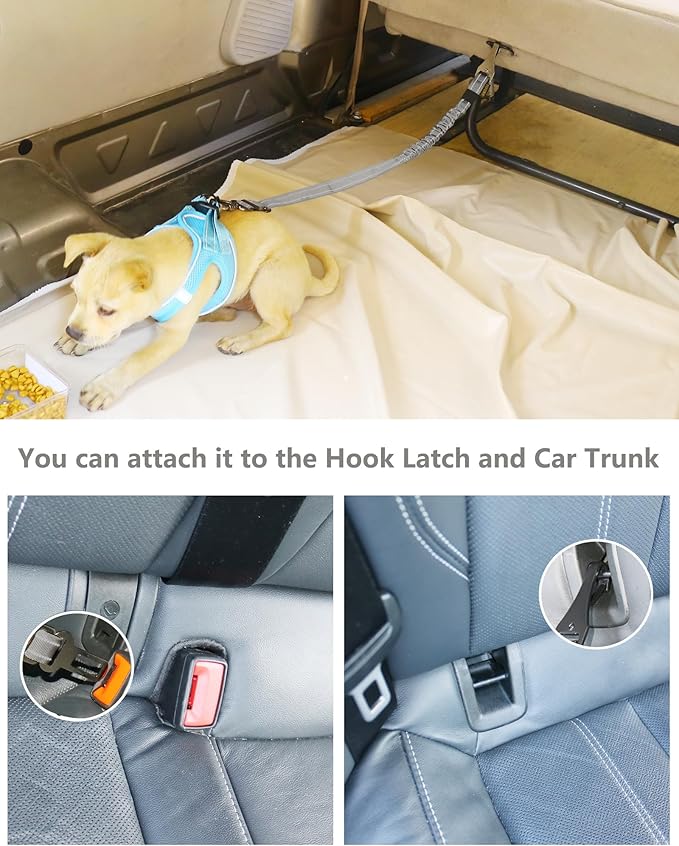 AUBELL Dog Seat Belt, Updated 3-in-1 Pet Car Seat Belt for Dogs, Bungee Dog Car Tether with Clip Hook Latch & Buckle, Heavy Duty Dog Car Harness with Swivel Aluminum Carabiner,Black+Grey