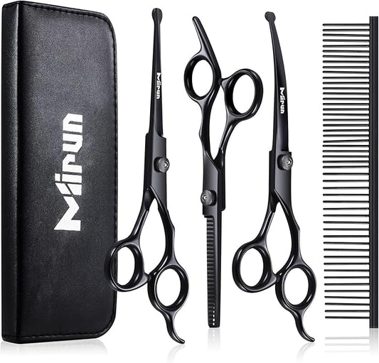 Dog Grooming Kit, 5-in-1 Titanium-plated Stainless Steel Dog Grooming Scissors, Dog Scissors for Grooming with Safety Round Tip, Dog Shears for Grooming & Cats, Sharp & Durable Cat Grooming Kit