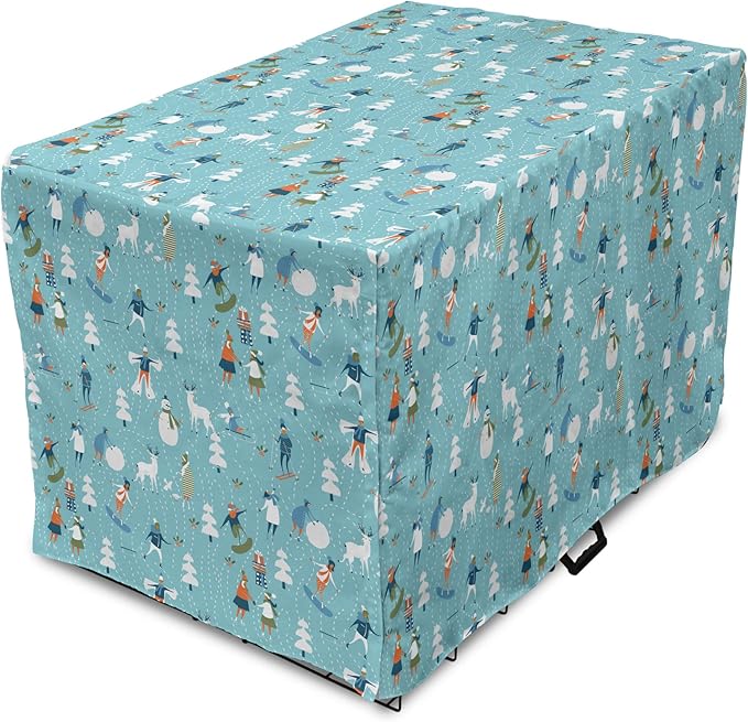 Lunarable Christmas Dog Crate Cover, Winter Games Theme Pattern with Snowman Trees Snowboard Reindeer and Adults, Easy to Use Pet Kennel Cover for Medium Large Dogs, 36 Inch, Multicolor