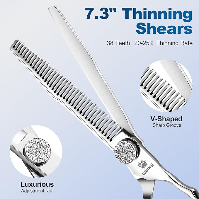GLADOG Luxury Dog Grooming Scissors Set - 7" Straight, 6.5" Thinning, 7" Chunkers, 7" Curved Dog Shears for Grooming - 9CR Steel, Professional Grooming Kit, Pet Grooming Scissors for Dog and Cats