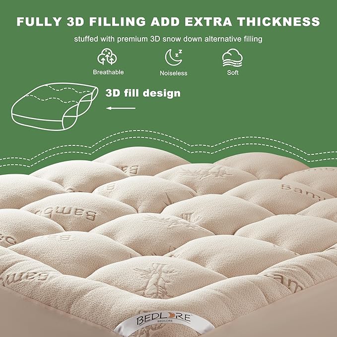 BEDLORE California King Mattress Topper Viscose Derived from Bamboo, Thick Pillow Top Mattress Pad with Stretchable Pockets for 6"-18" Mattress, Soft Mattress Topper for Back Pain Relief(Beige)