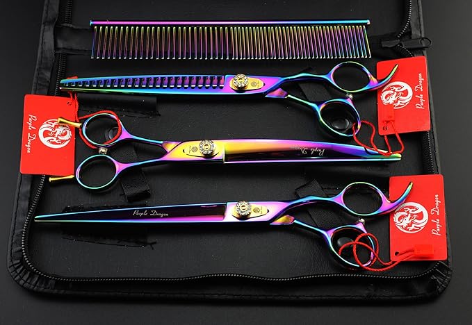 Purple Dragon 7.0"/8.0" 3 in 1 Top-Level Professional Pet Grooming Thinning or Chunker Scissors - Downward Curved Shears and Dog Hair Cutting Scissor - Pet Groomer