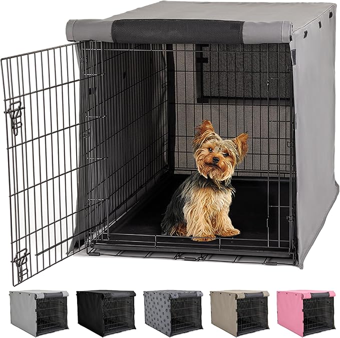 Gorilla Grip Dog Crate Covers Compatible with Amazon Basics Dog Crates, All Sides Open, Privacy Cover Fits 24" Wire Kennel, Breathable Mesh Windows, Light Reducing Puppy Training Cage Topper, Gray