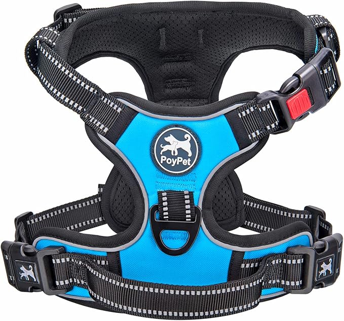 PoyPet No Pull Dog Harness, No Choke Front Clip Dog Reflective Harness, Adjustable Soft Padded Pet Vest with Easy Control Handle for Small to Large Dogs(Blue,L)
